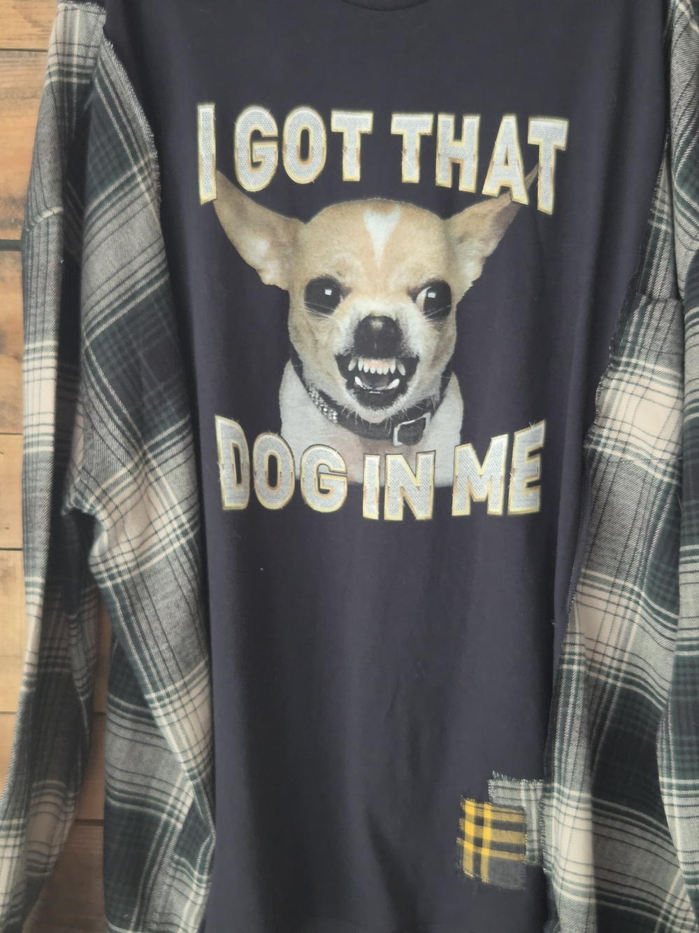 Upcycled Graphic T-shirt With Plaid Long Sleeves - Picture 5 of 8